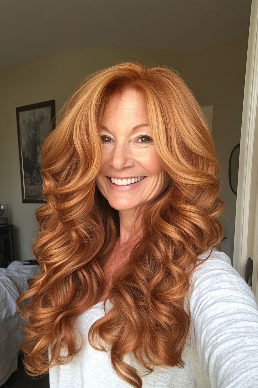 14. Warm Golden Chestnut Curls (Long Hairstyles For Women Over 60) - Long Hairstyles For Women Over 60