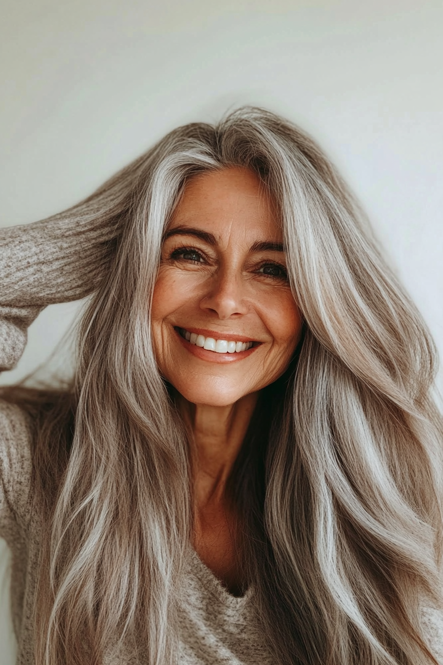 16. Salt-and-Pepper Layered Cut (Long Hairstyles For Women Over 60) - Long Hairstyles For Women Over 60