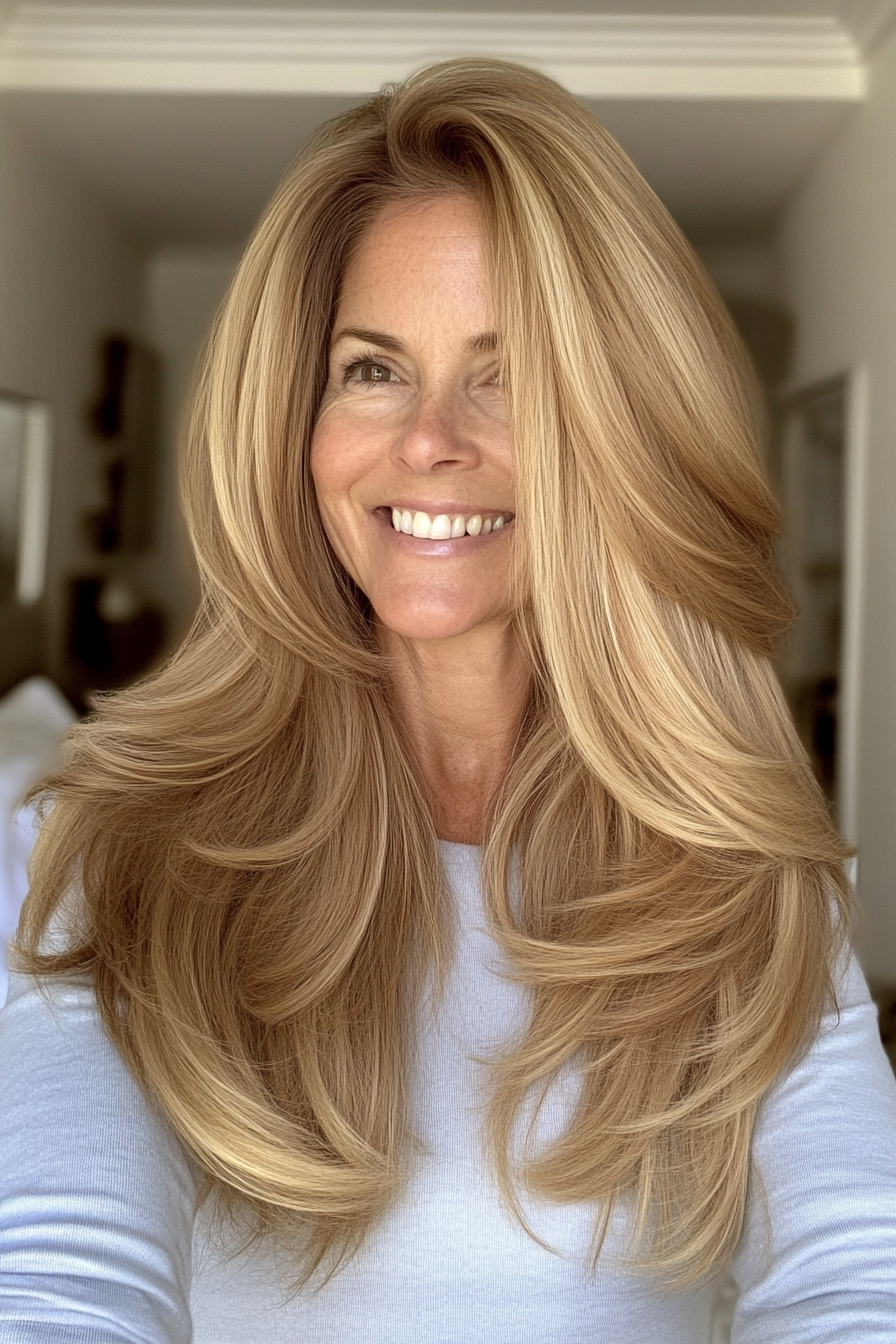 17. Golden Honey Soft Layers (Long Hairstyles For Women Over 60) - Long Hairstyles For Women Over 60
