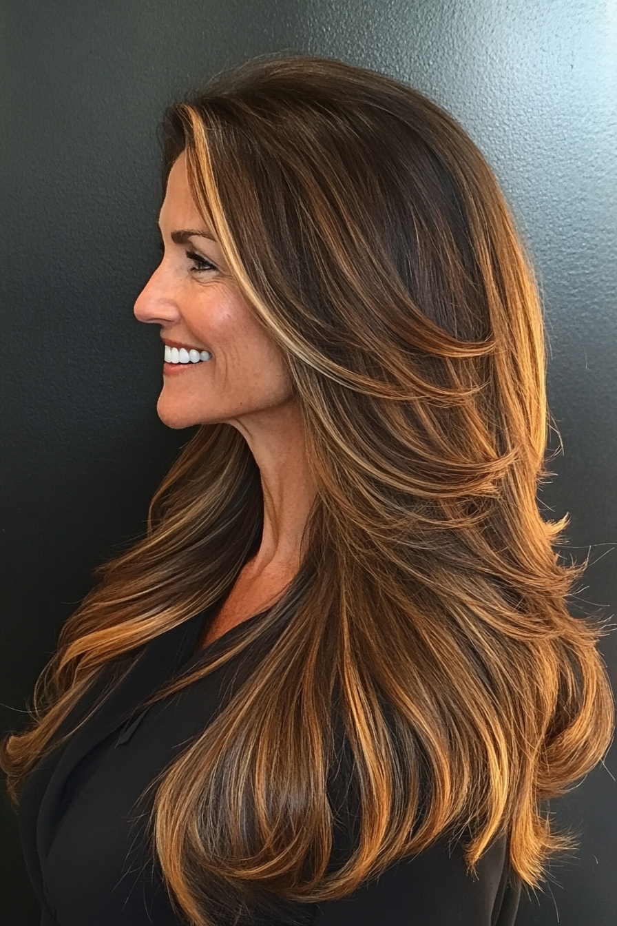 18. Espresso and Caramel Highlights (Long Hairstyles For Women Over 60) - Long Hairstyles For Women Over 60