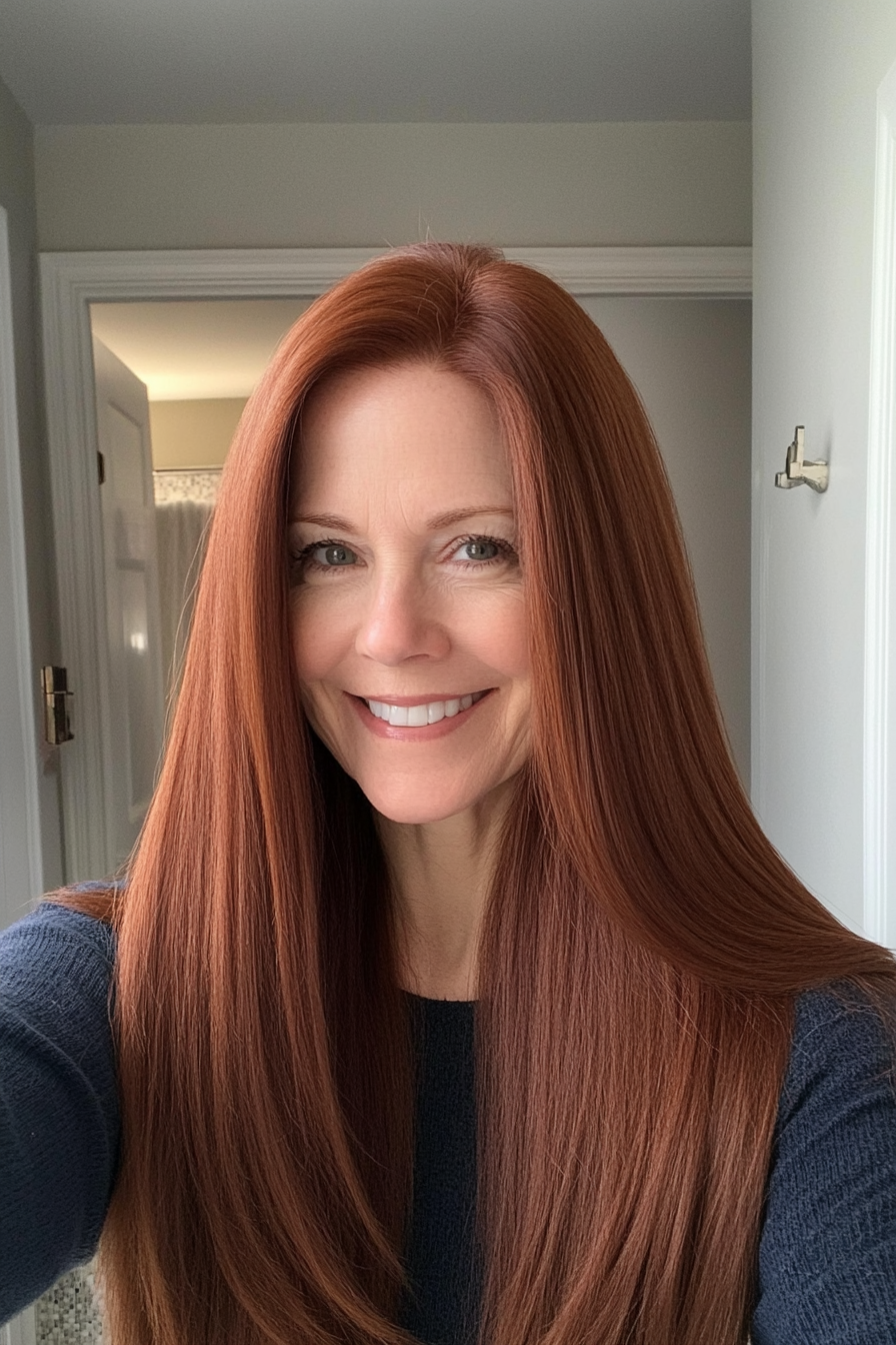 19. Rich Auburn Straight Layers (Long Hairstyles For Women Over 60) - Long Hairstyles For Women Over 60