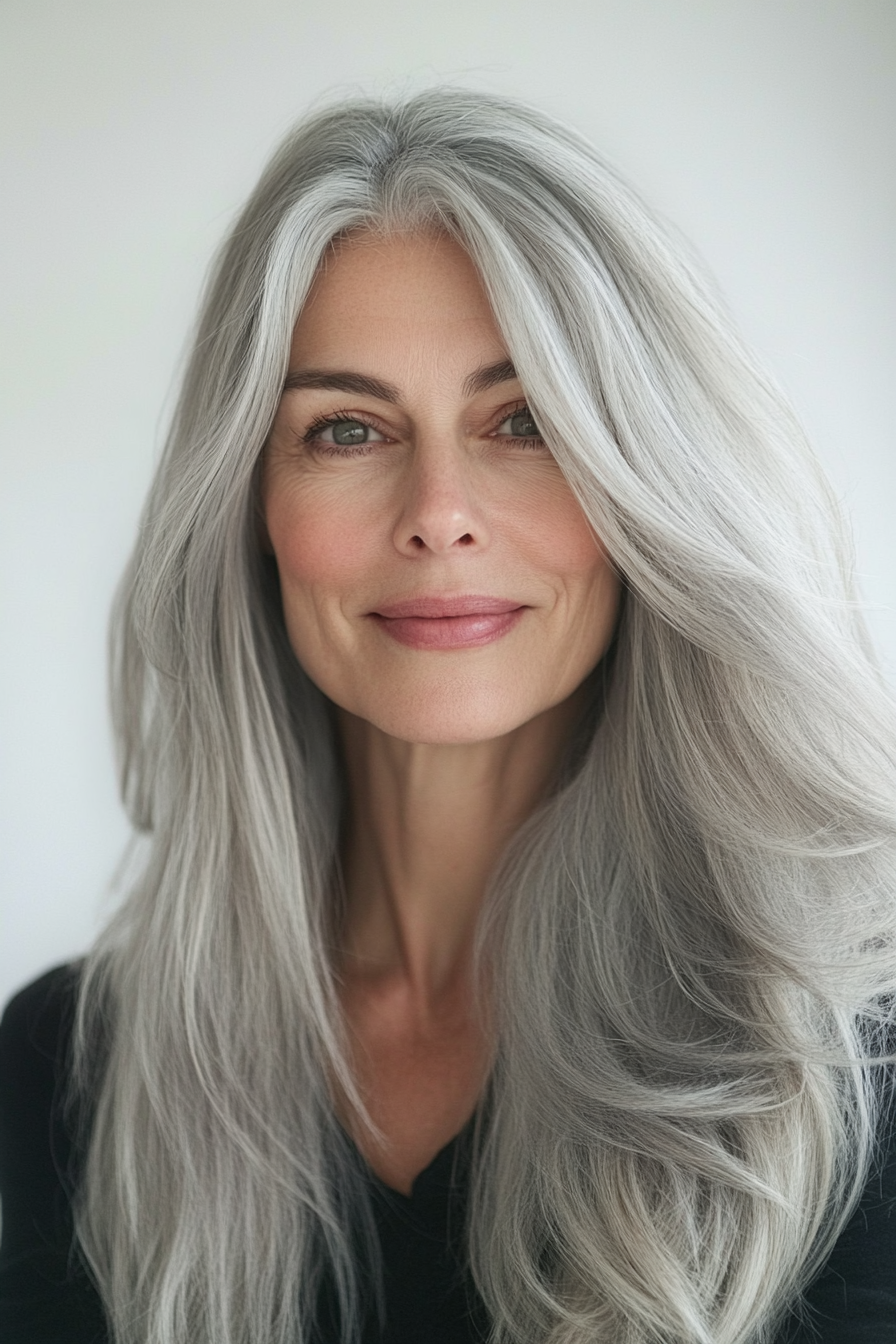 20. Natural Gray with Textured Layers (Long Hairstyles For Women Over 60) - Long Hairstyles For Women Over 60