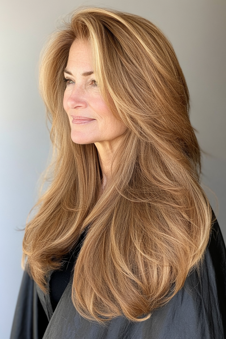 21. Golden Chestnut Feathered Cut (Long Hairstyles For Women Over 60) - Long Hairstyles For Women Over 60