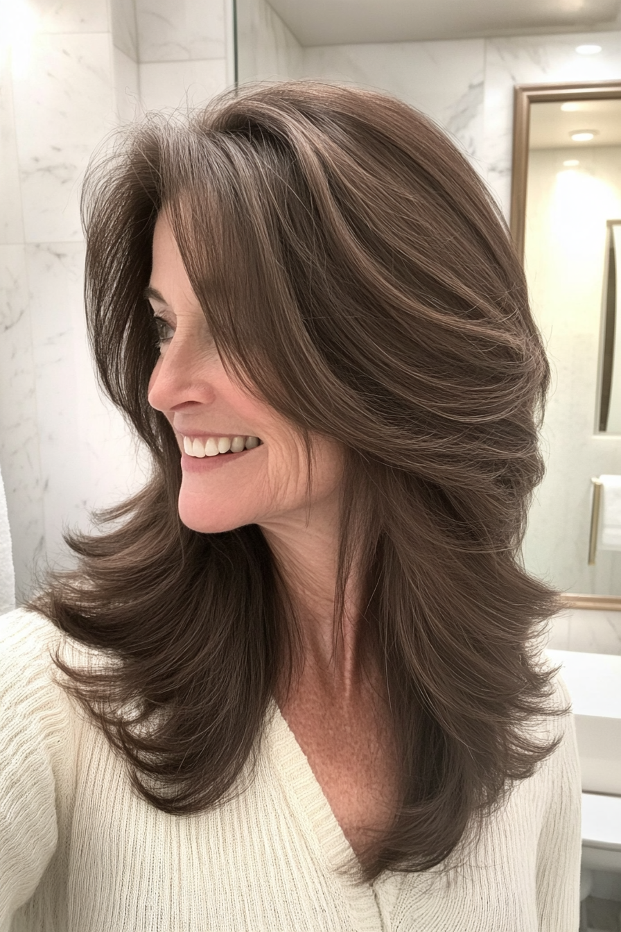 22. Classic Brunette with Curtain Bangs (Long Hairstyles For Women Over 60) - Long Hairstyles For Women Over 60