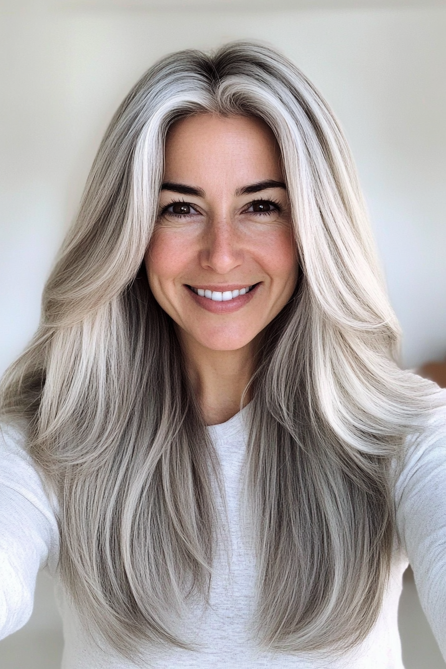 25. Silver Blonde Tapered Layers (Long Hairstyles For Women Over 60) - Long Hairstyles For Women Over 60