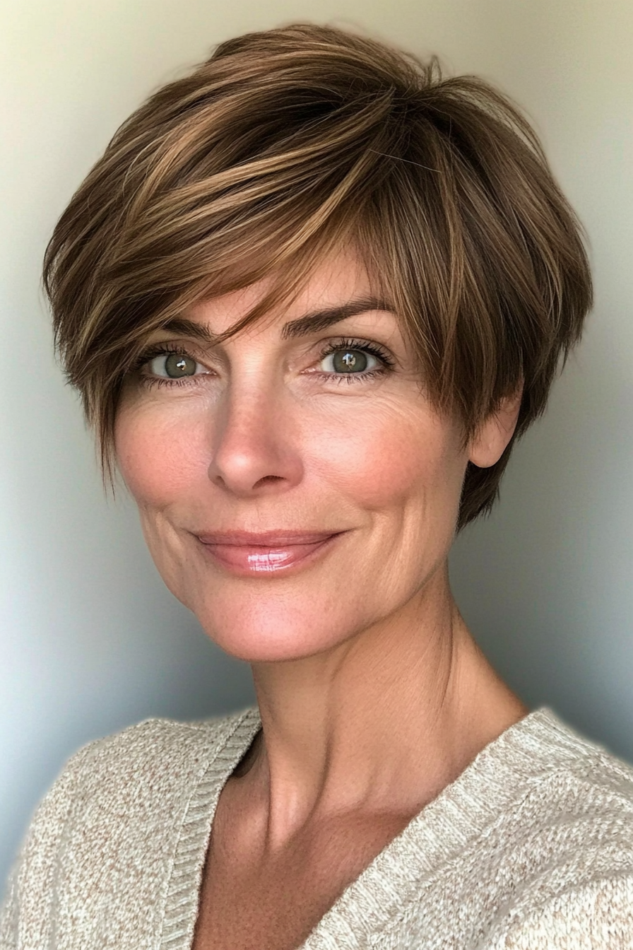 5. Feathered Bob with Soft Brunette Shade (Very Short Haircuts For Older Women) - Very Short Haircuts For Older Women