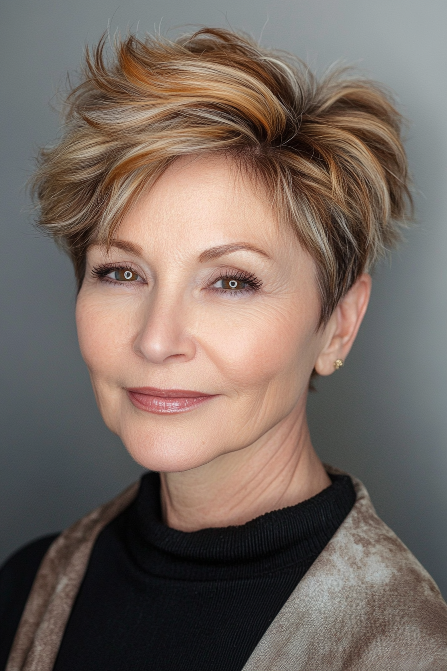 19. Shaggy Pixie with Caramel Streaks (Very Short Haircuts For Older Women) - Very Short Haircuts For Older Women