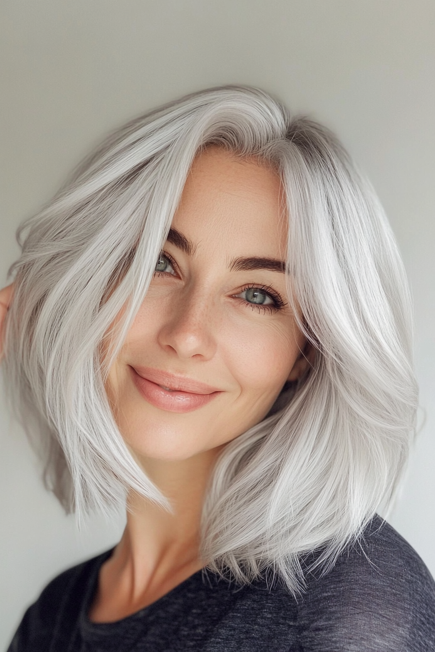 3. Silver Feathered Lob (Hairstyles For Women Over 50) - Hairstyles For Women Over 50