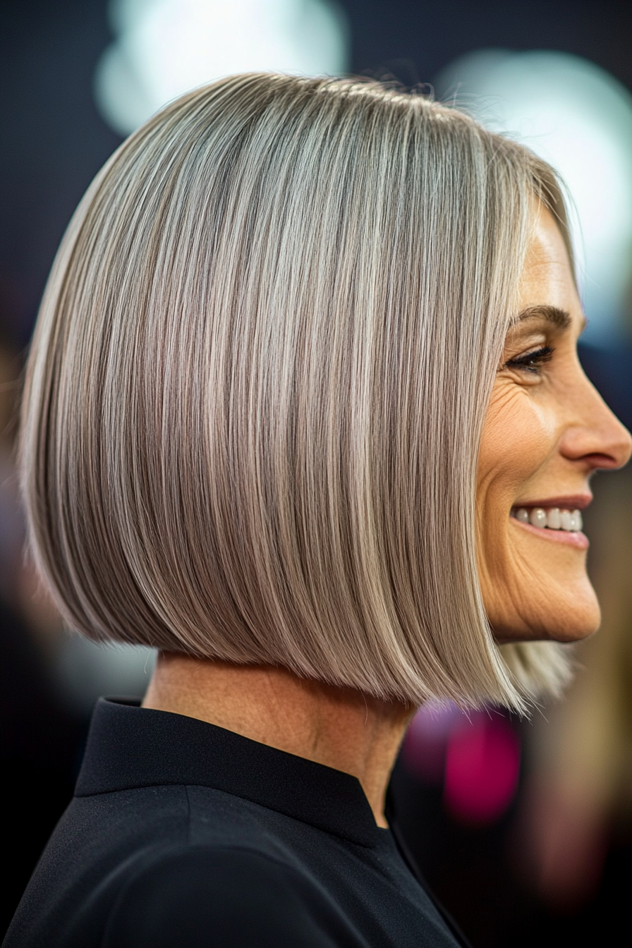 5. Salt-and-Pepper Sleek Bob (Hairstyles For Women Over 50) - Hairstyles For Women Over 50