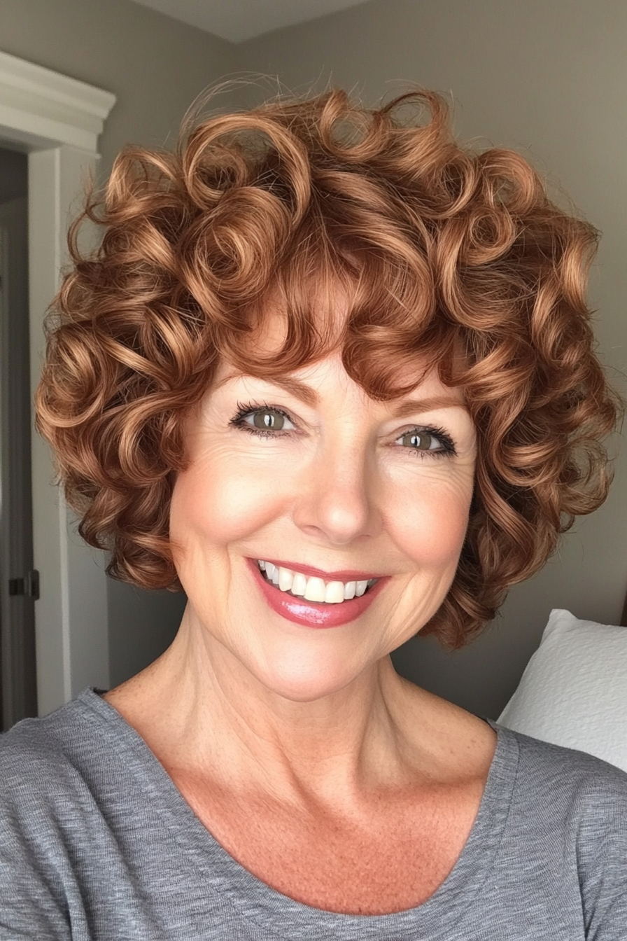7. Short Caramel Curls (Hairstyles For Women Over 50) - Hairstyles For Women Over 50