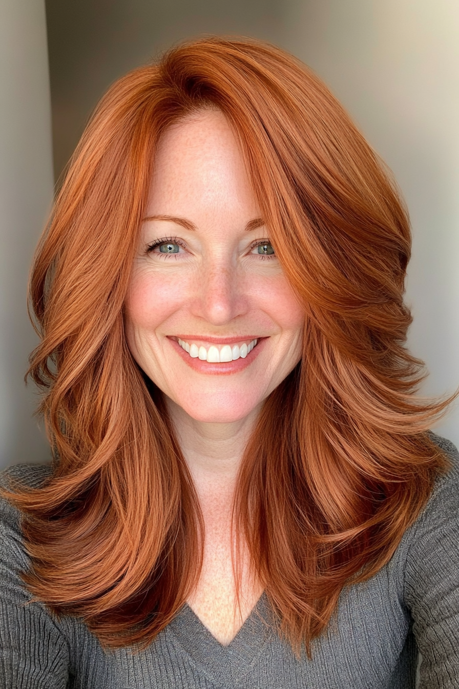 11. Copper Layered Lob (Hairstyles For Women Over 50) - Hairstyles For Women Over 50