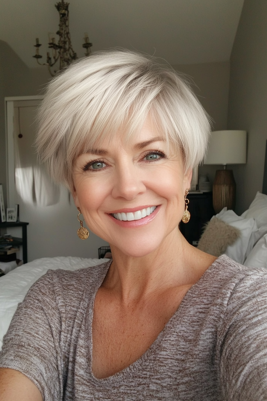 21. Platinum Pixie with Side-Swept Bangs (Hairstyles For Women Over 50) - Hairstyles For Women Over 50