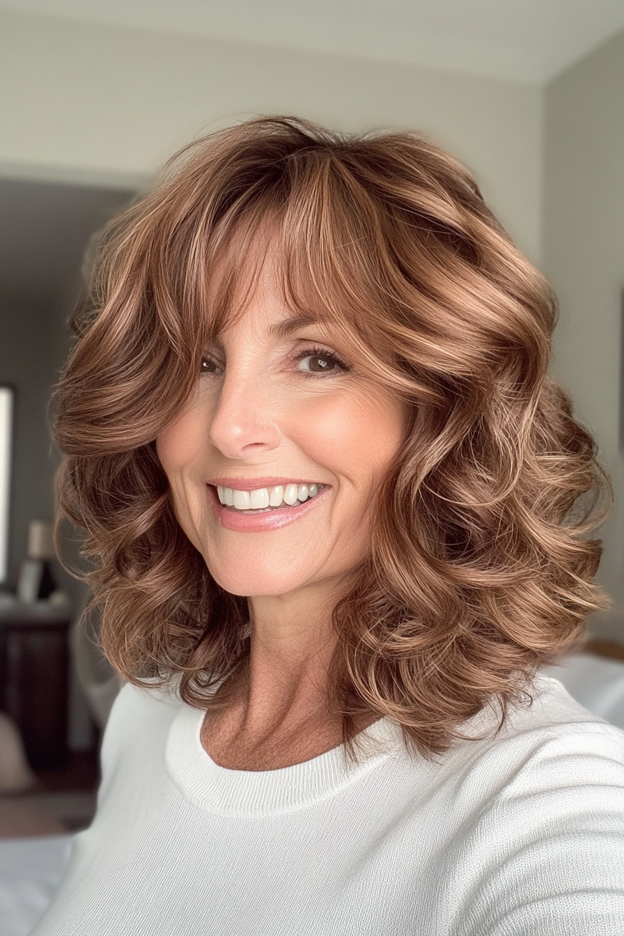 23. Warm Brown Shoulder-Length Curls (Hairstyles For Women Over 50) - Hairstyles For Women Over 50