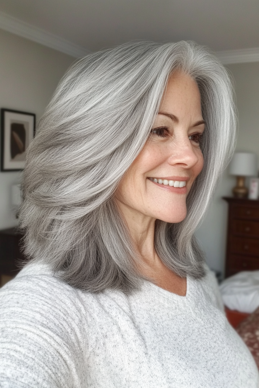 24. Natural Gray Layered Lob (Hairstyles For Women Over 50) - Hairstyles For Women Over 50