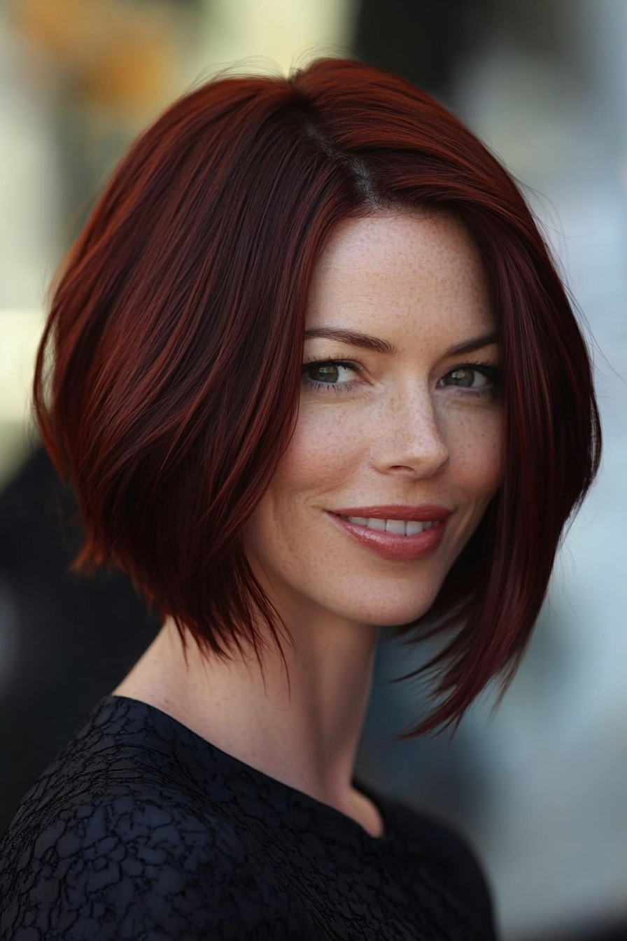 8. Dark Auburn Voluminous Bob (Stacked Bob Haircuts) - Stacked Bob Haircuts