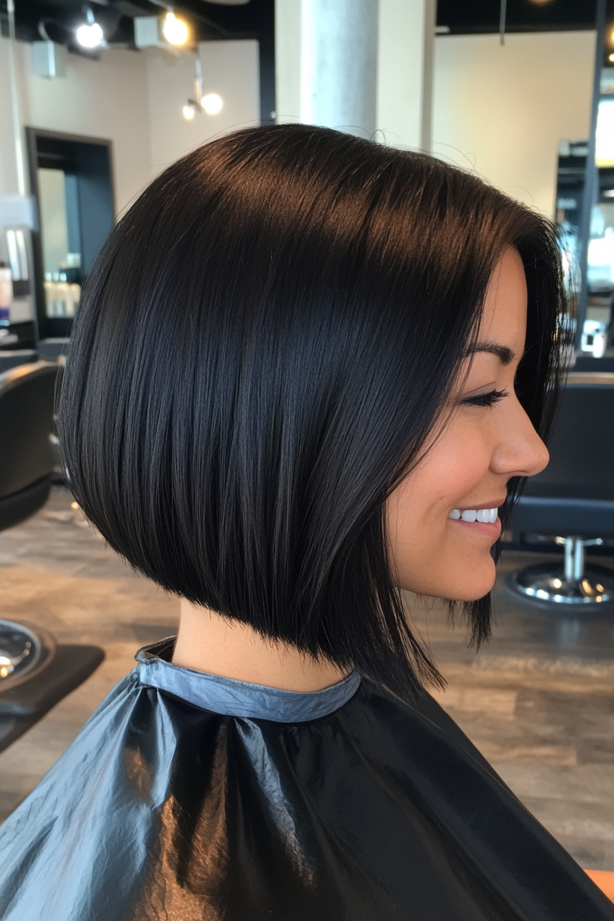 13. Natural Black Asymmetrical Bob (Stacked Bob Haircuts) - Stacked Bob Haircuts