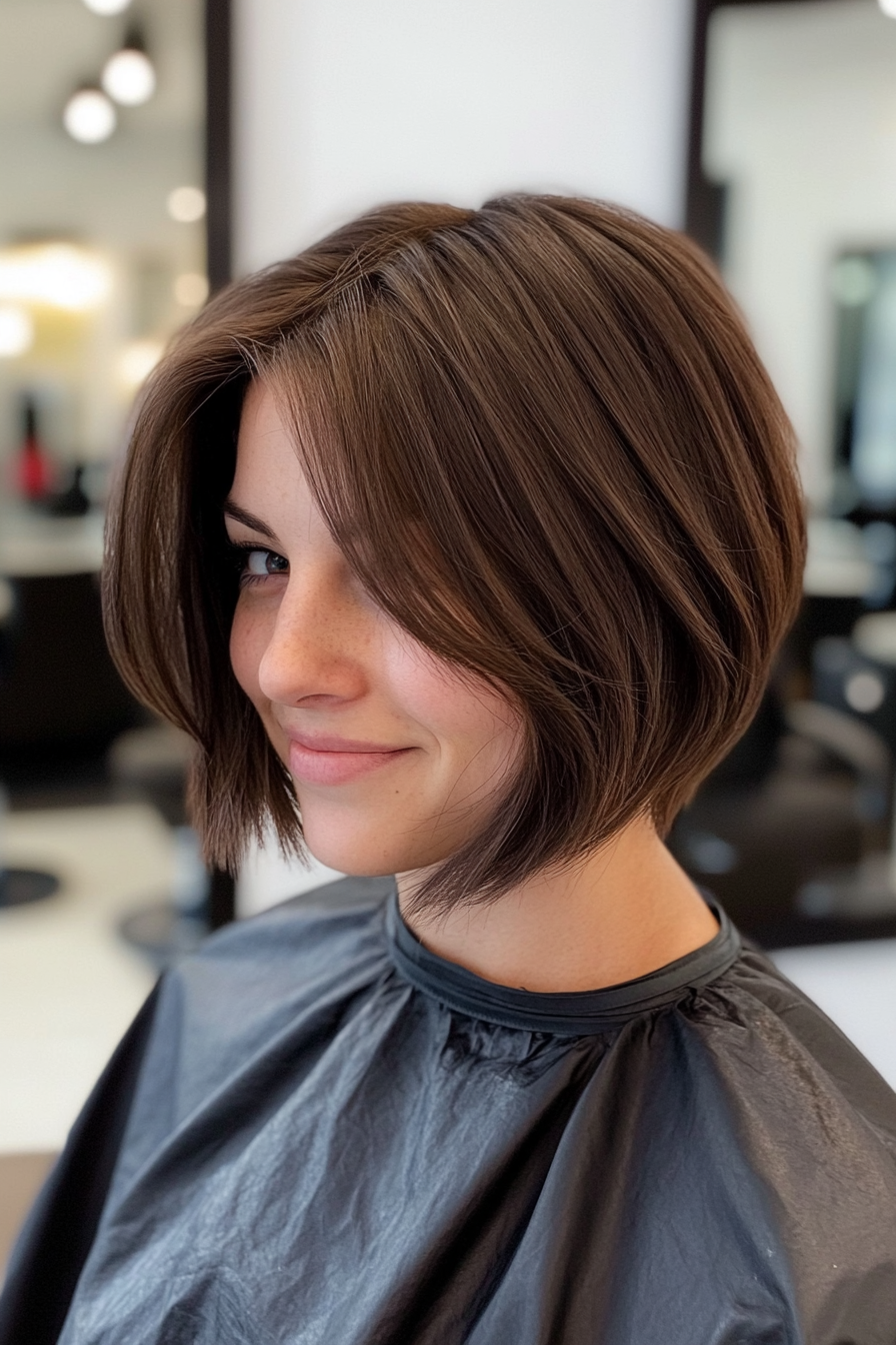 14. Dark Chocolate Bob with Curtain Bangs (Stacked Bob Haircuts) - Stacked Bob Haircuts