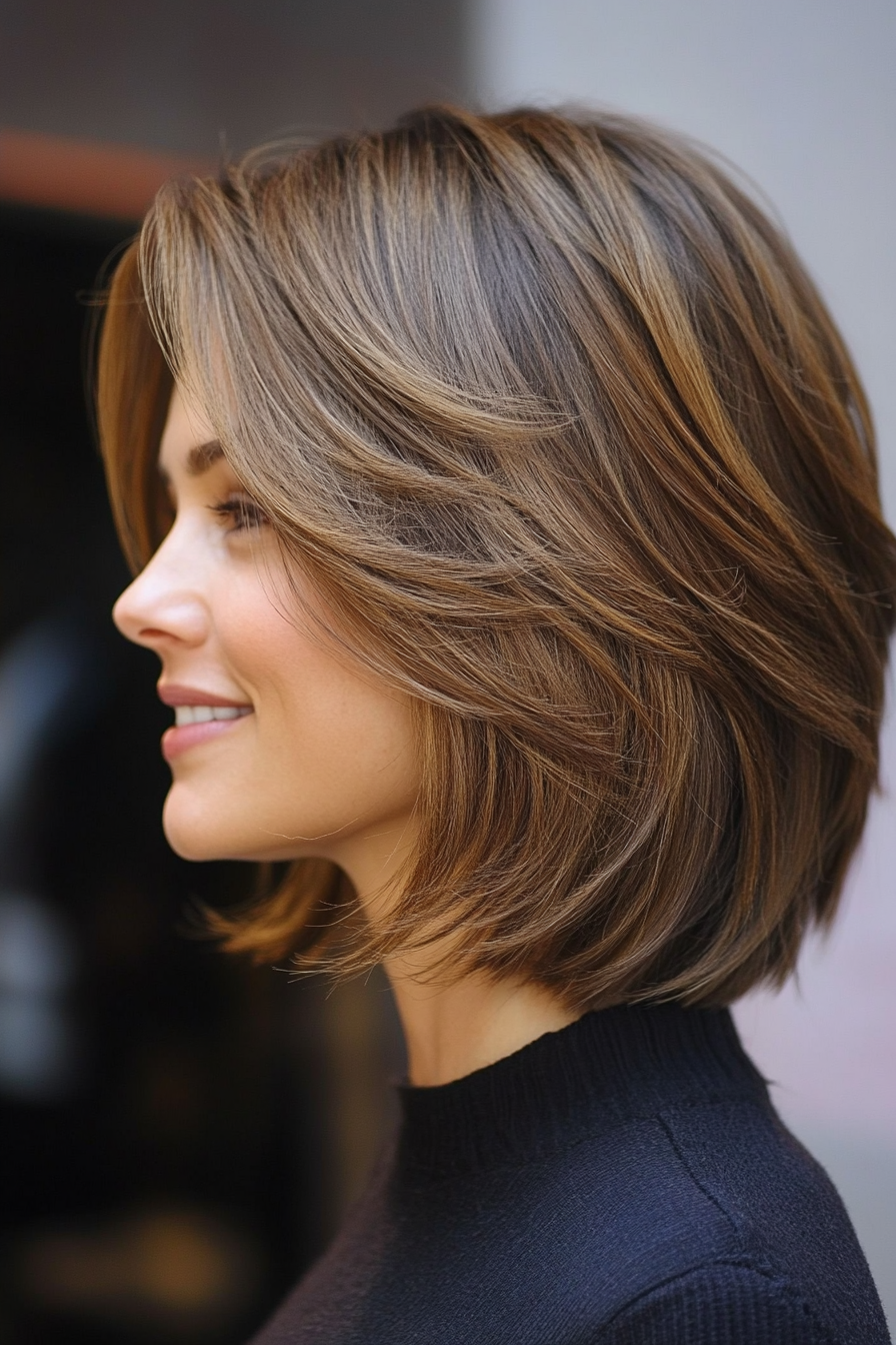 16. Warm Maple Brown Feathered Bob (Stacked Bob Haircuts) - Stacked Bob Haircuts