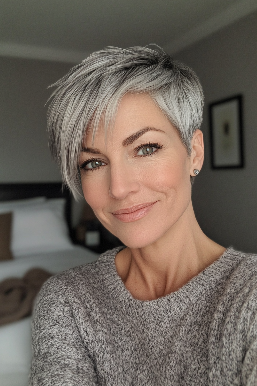 2. Asymmetrical Pixie with Silver Gray (Hairstyles For Women Over 50 With Fine Hair) - Hairstyles For Women Over 50 With Fine Hair