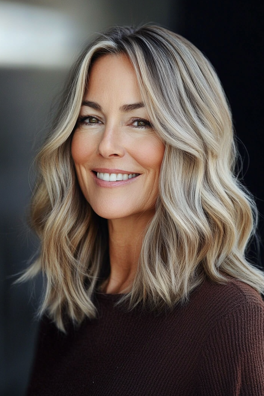 5. Textured Lob with Sandy Blonde Highlights (Hairstyles For Women Over 50 With Fine Hair) - Hairstyles For Women Over 50 With Fine Hair