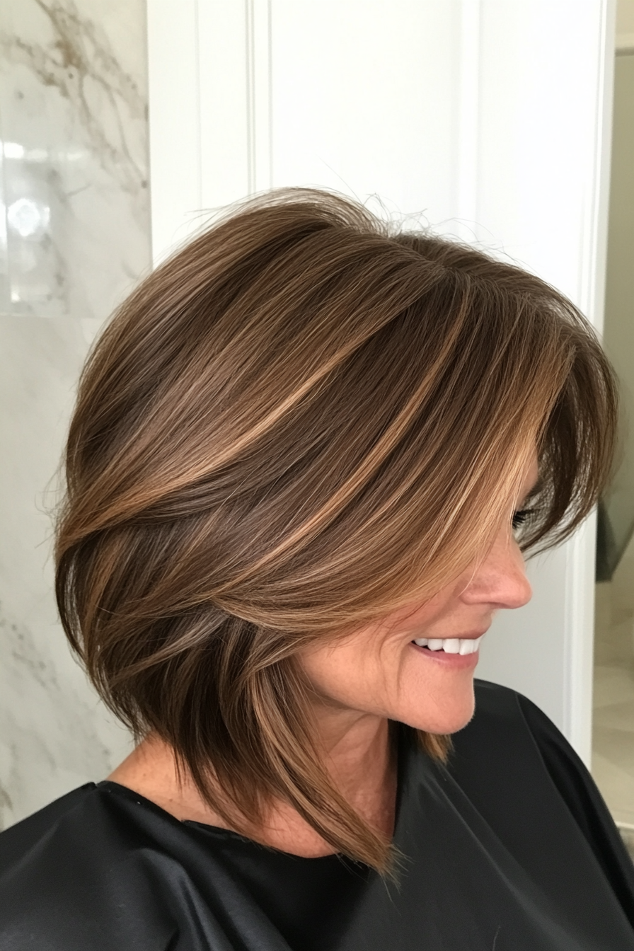 6. Side-Swept Bob with Caramel Balayage (Hairstyles For Women Over 50 With Fine Hair) - Hairstyles For Women Over 50 With Fine Hair