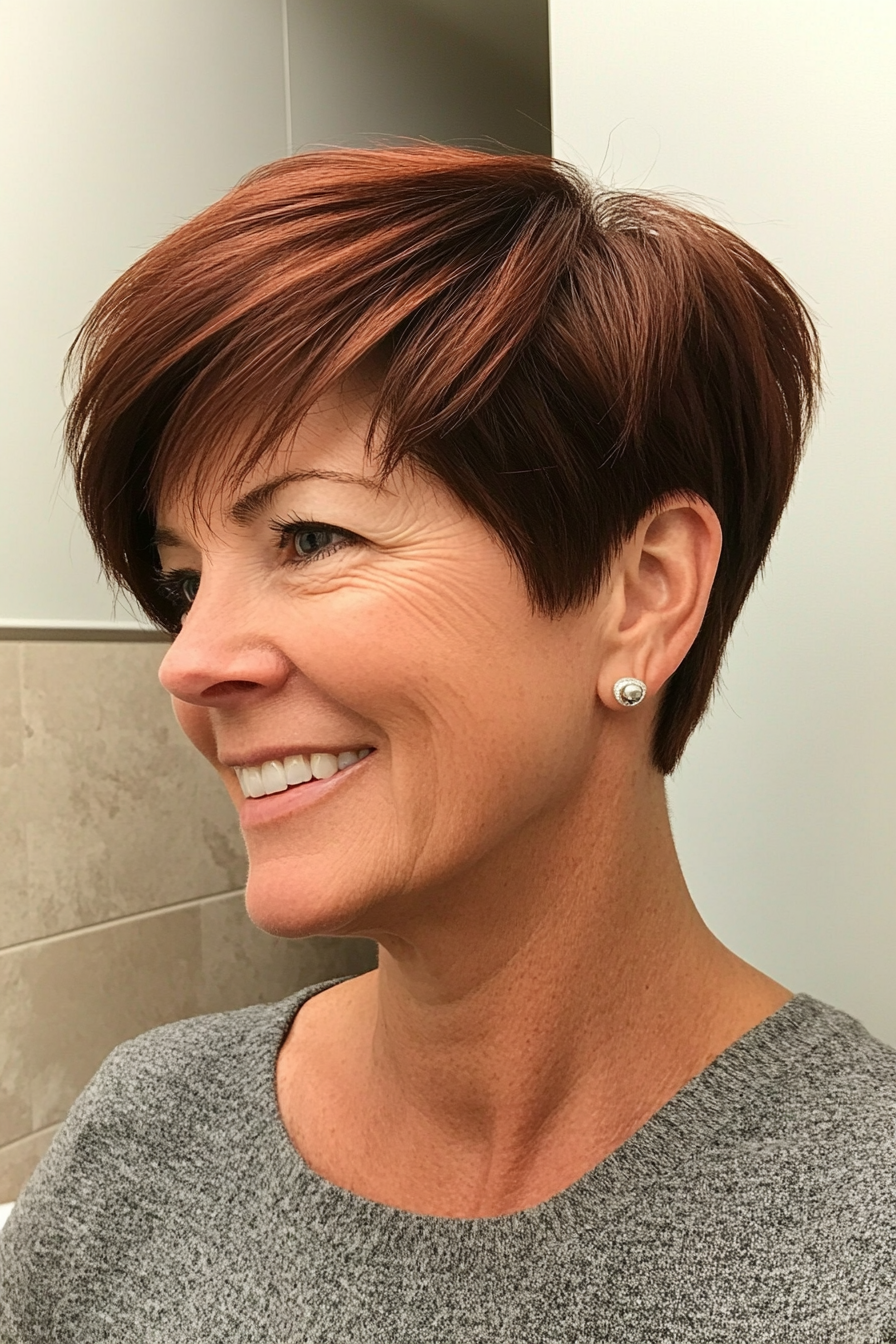 7. Tapered Pixie in Dark Auburn (Hairstyles For Women Over 50 With Fine Hair) - Hairstyles For Women Over 50 With Fine Hair