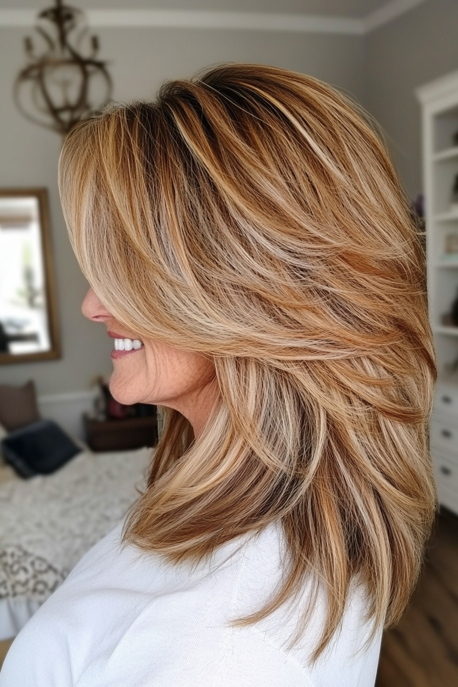 8. Layered Shag with Honey Blonde Streaks (Hairstyles For Women Over 50 With Fine Hair) - Hairstyles For Women Over 50 With Fine Hair