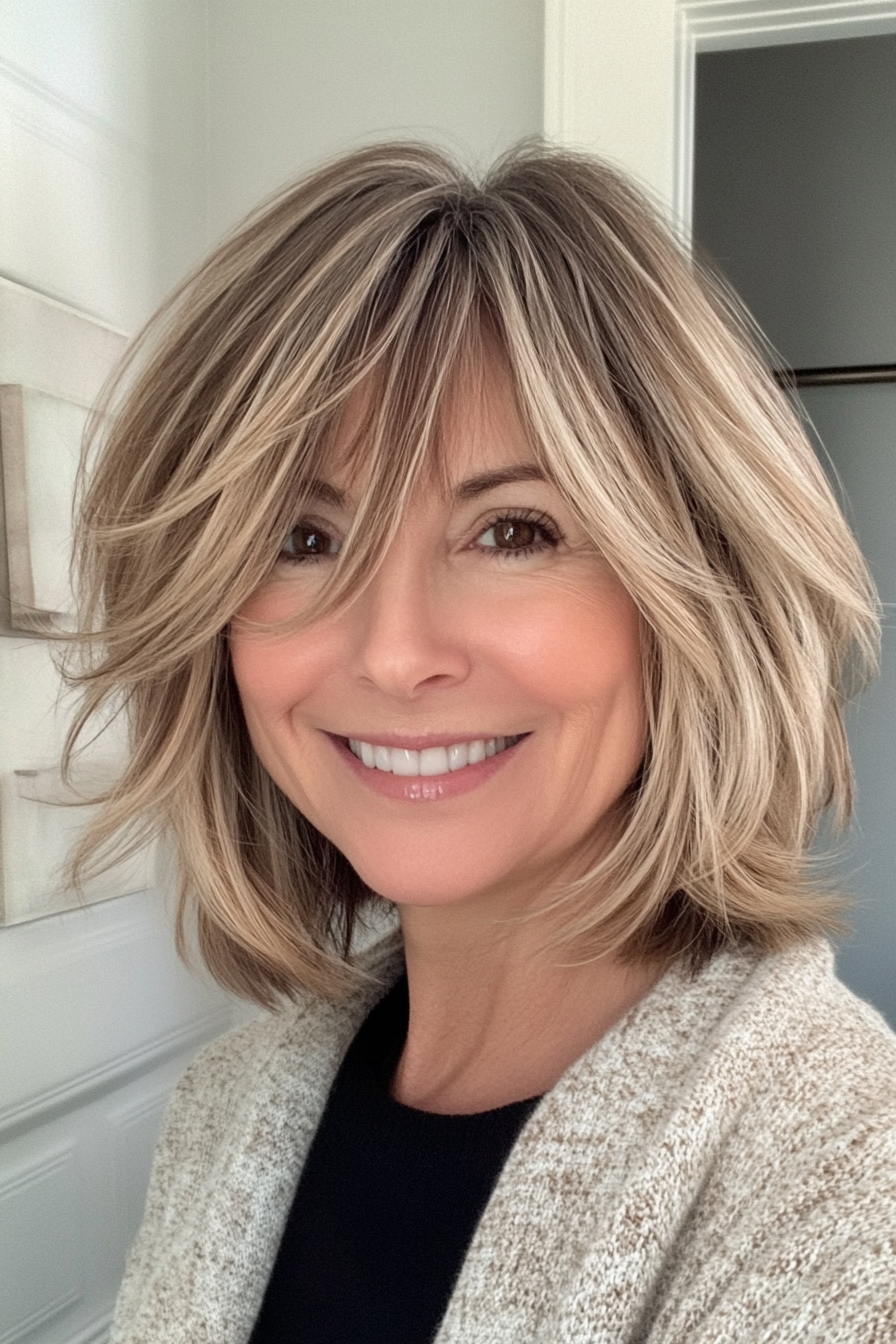 11. Wispy Bangs with Dark Golden Blonde (Hairstyles For Women Over 50 With Fine Hair) - Hairstyles For Women Over 50 With Fine Hair