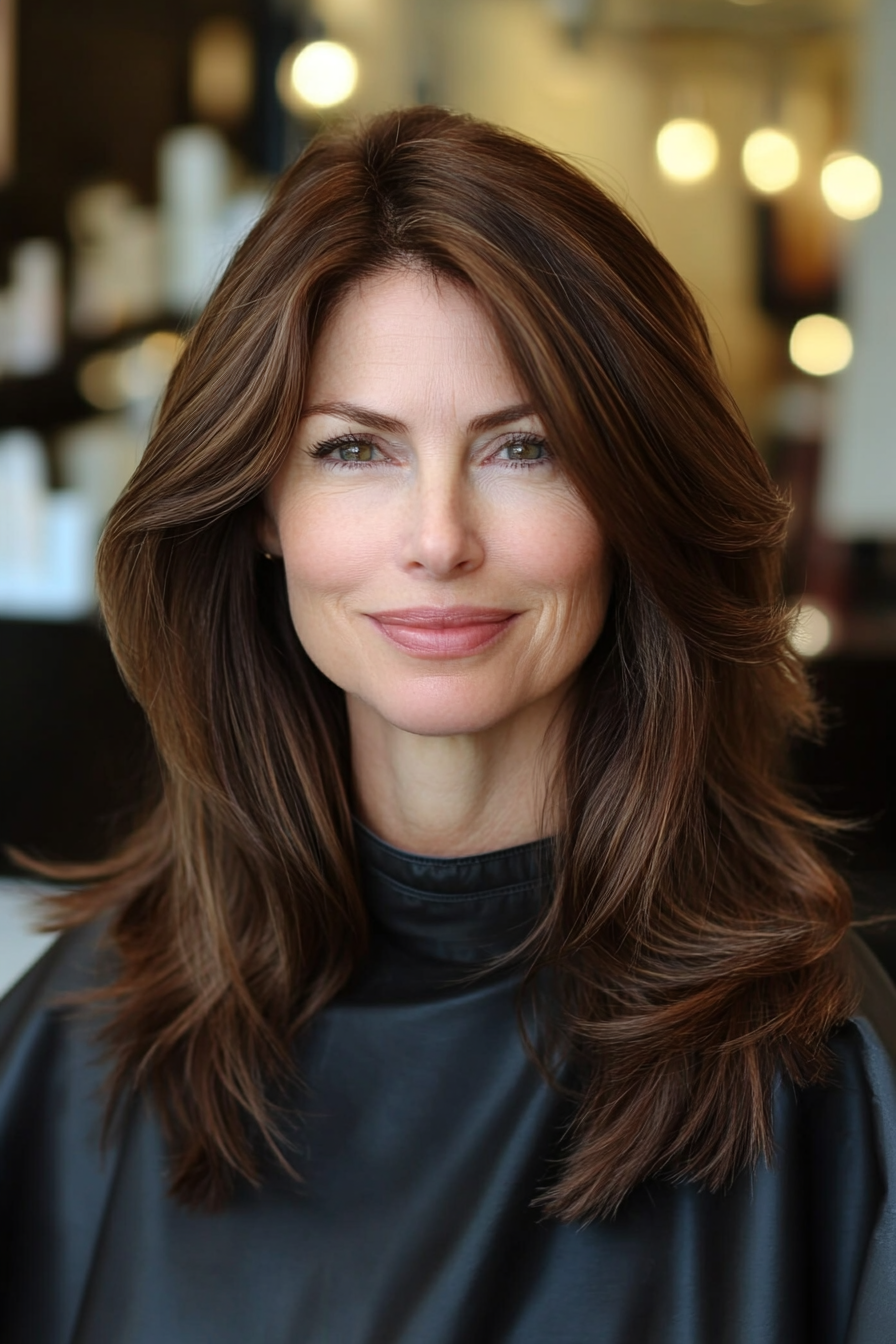 12. Mid-Length Layers with Deep Espresso (Hairstyles For Women Over 50 With Fine Hair) - Hairstyles For Women Over 50 With Fine Hair