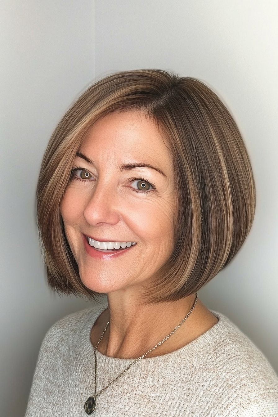 13. Angled Bob with Light Brunette (Hairstyles For Women Over 50 With Fine Hair) - Hairstyles For Women Over 50 With Fine Hair