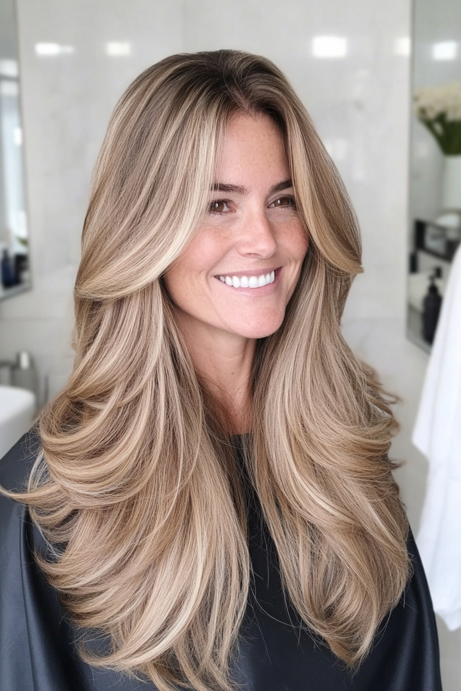 16. Long Layers with Warm Beige Highlights (Hairstyles For Women Over 50 With Fine Hair) - Hairstyles For Women Over 50 With Fine Hair