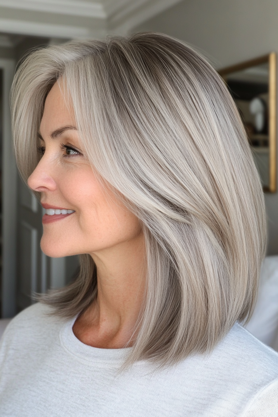 18. Tucked-Behind-Ear Cut in Dark Ash Blonde (Hairstyles For Women Over 50 With Fine Hair) - Hairstyles For Women Over 50 With Fine Hair