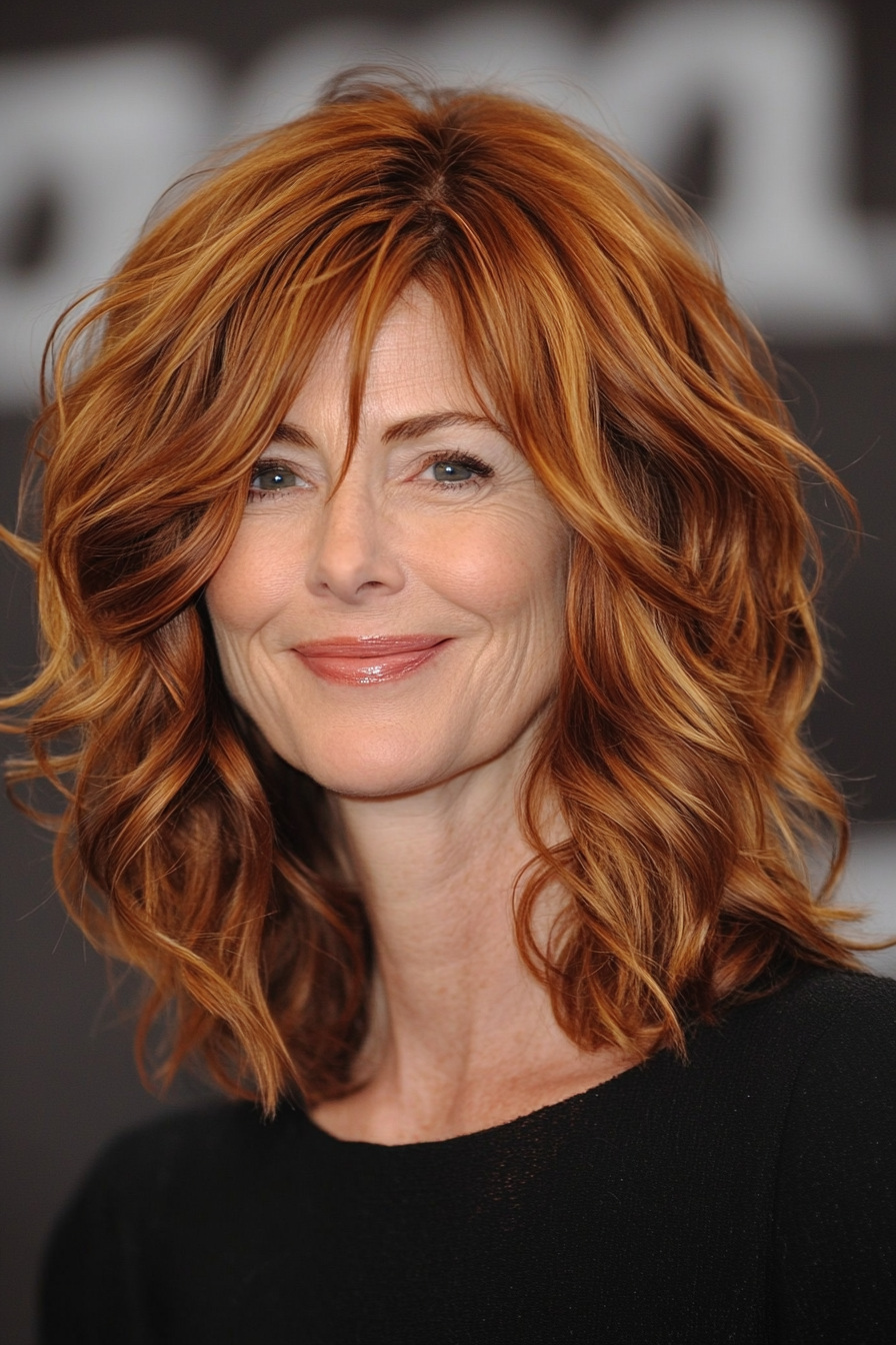 19. Wavy Shoulder-Length Layers in Copper Brown (Hairstyles For Women Over 50 With Fine Hair) - Hairstyles For Women Over 50 With Fine Hair