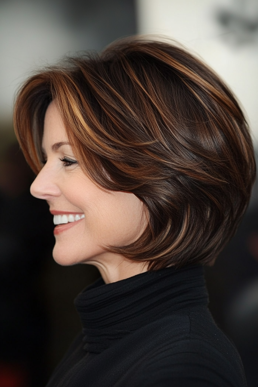 21. Layered Bob with Auburn Highlights (Hairstyles For Women Over 50 With Fine Hair) - Hairstyles For Women Over 50 With Fine Hair