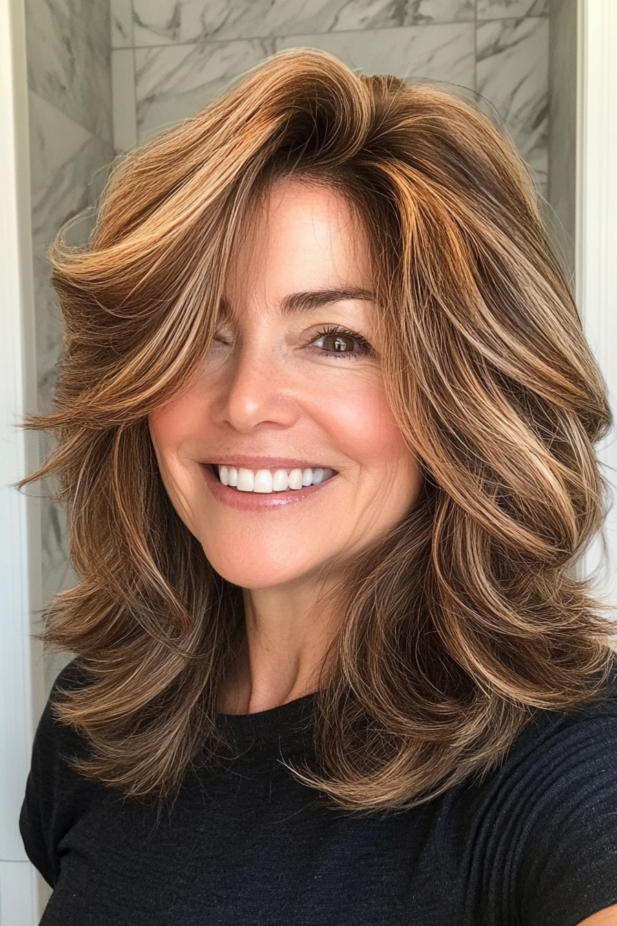 24. Tousled Shag with Golden Brown Balayage (Hairstyles For Women Over 50 With Fine Hair) - Hairstyles For Women Over 50 With Fine Hair