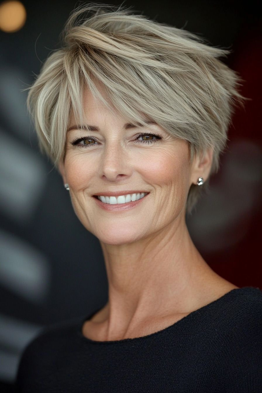 27. Short Layered Cut in Cool Taupe Blonde (Hairstyles For Women Over 50 With Fine Hair) - Hairstyles For Women Over 50 With Fine Hair