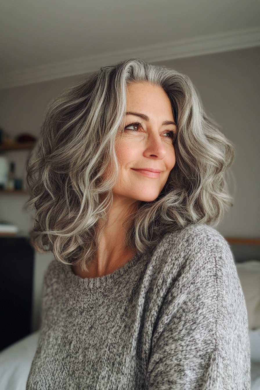 4. Wavy Shoulder-Length Cut with Salt and Pepper (Best Hairstyles For Women Over 50) - Best Hairstyles For Women Over 50