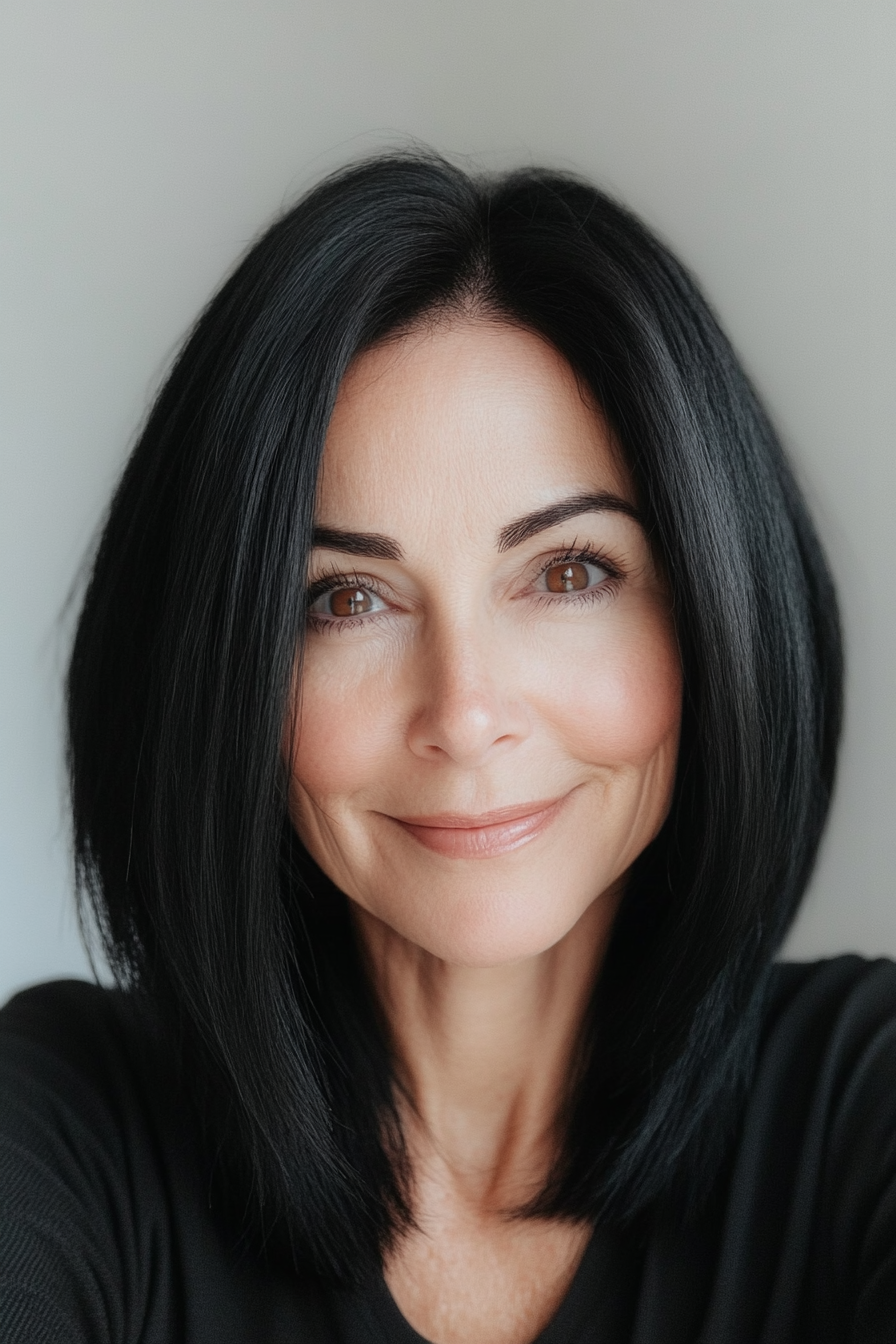 5. Classic Long Bob (Lob) with Natural Black (Best Hairstyles For Women Over 50) - Best Hairstyles For Women Over 50