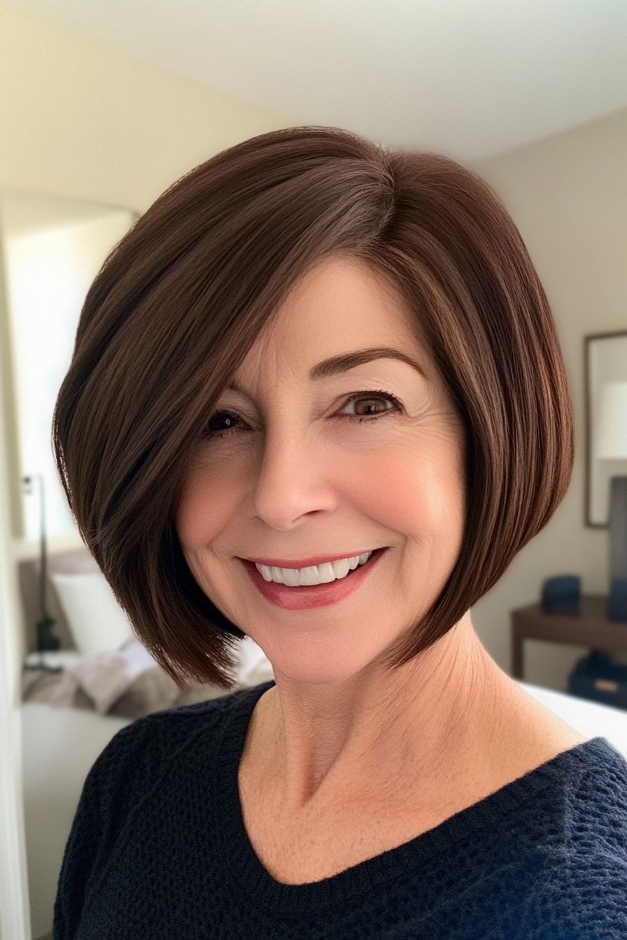 11. Short Asymmetrical Bob with Dark Brown (Best Hairstyles For Women Over 50) - Best Hairstyles For Women Over 50