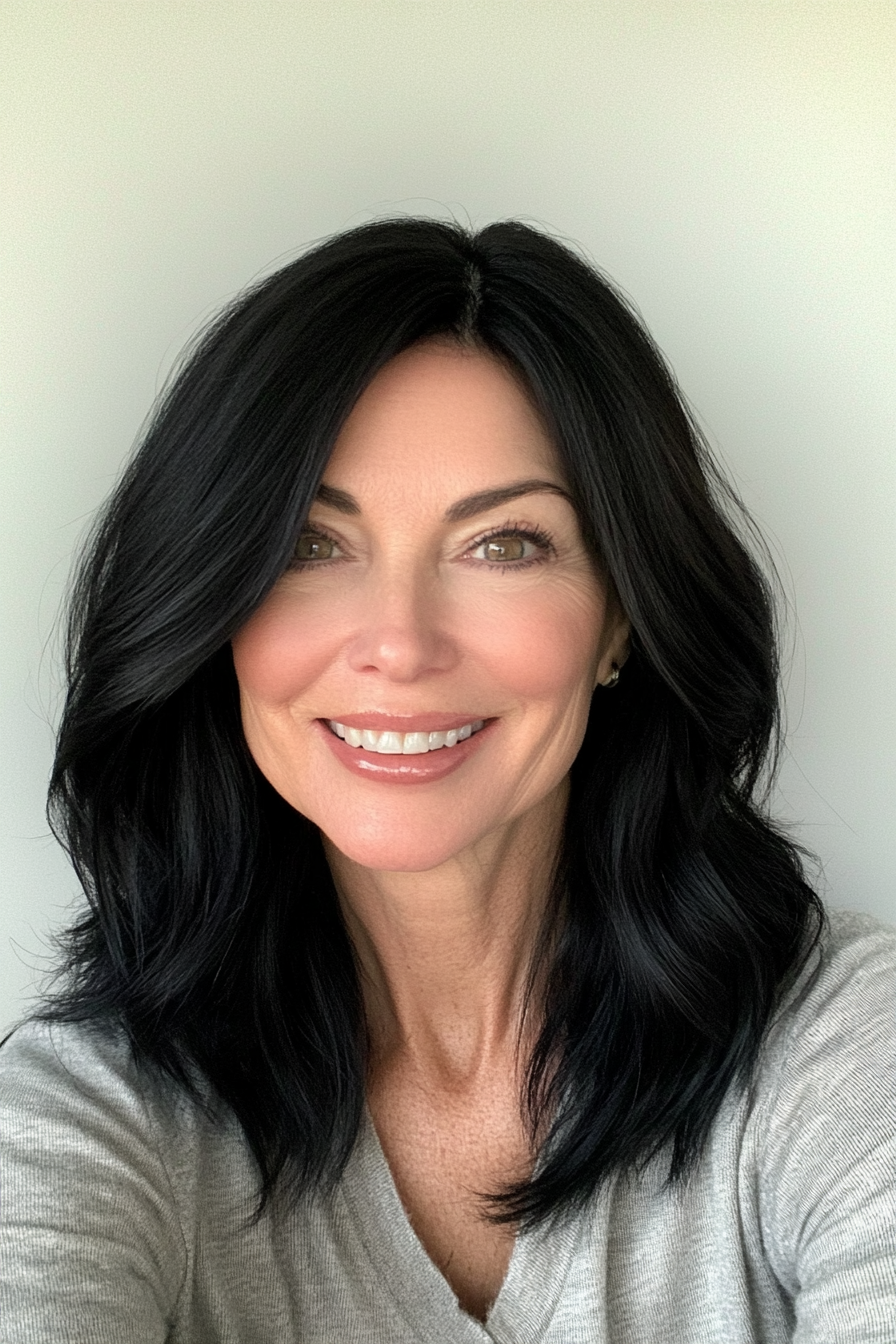 14. Face-Framing Layers with Jet Black (Best Hairstyles For Women Over 50) - Best Hairstyles For Women Over 50