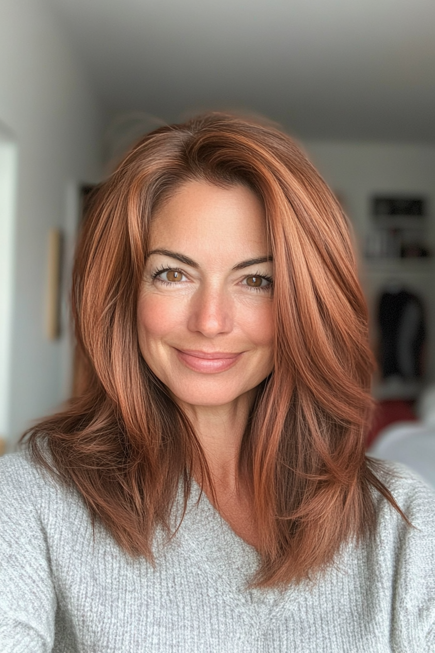 17. Soft Layers with Cinnamon Brown (Best Hairstyles For Women Over 50) - Best Hairstyles For Women Over 50
