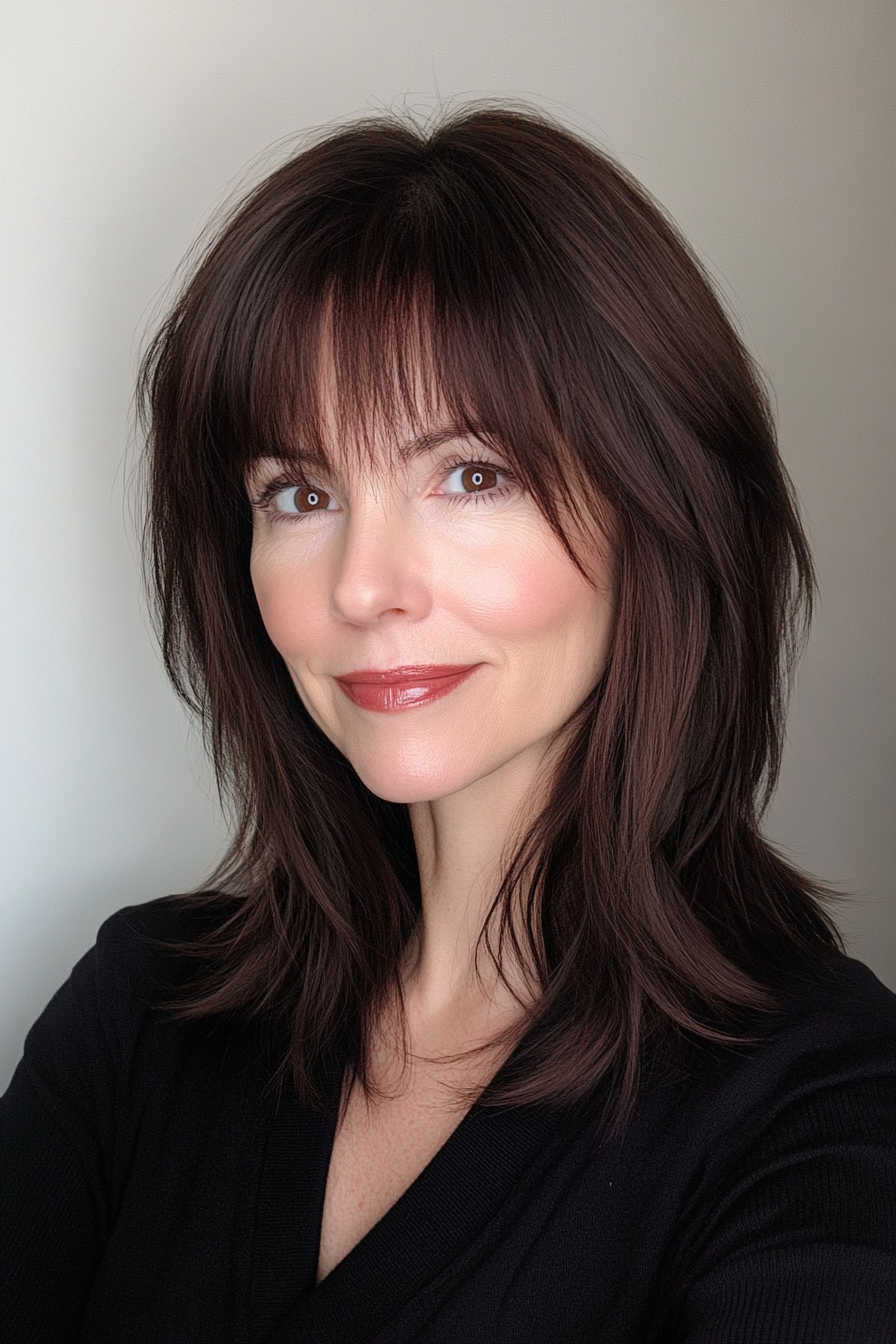 18. Blunt Bangs with Dark Chocolate Brown (Best Hairstyles For Women Over 50) - Best Hairstyles For Women Over 50