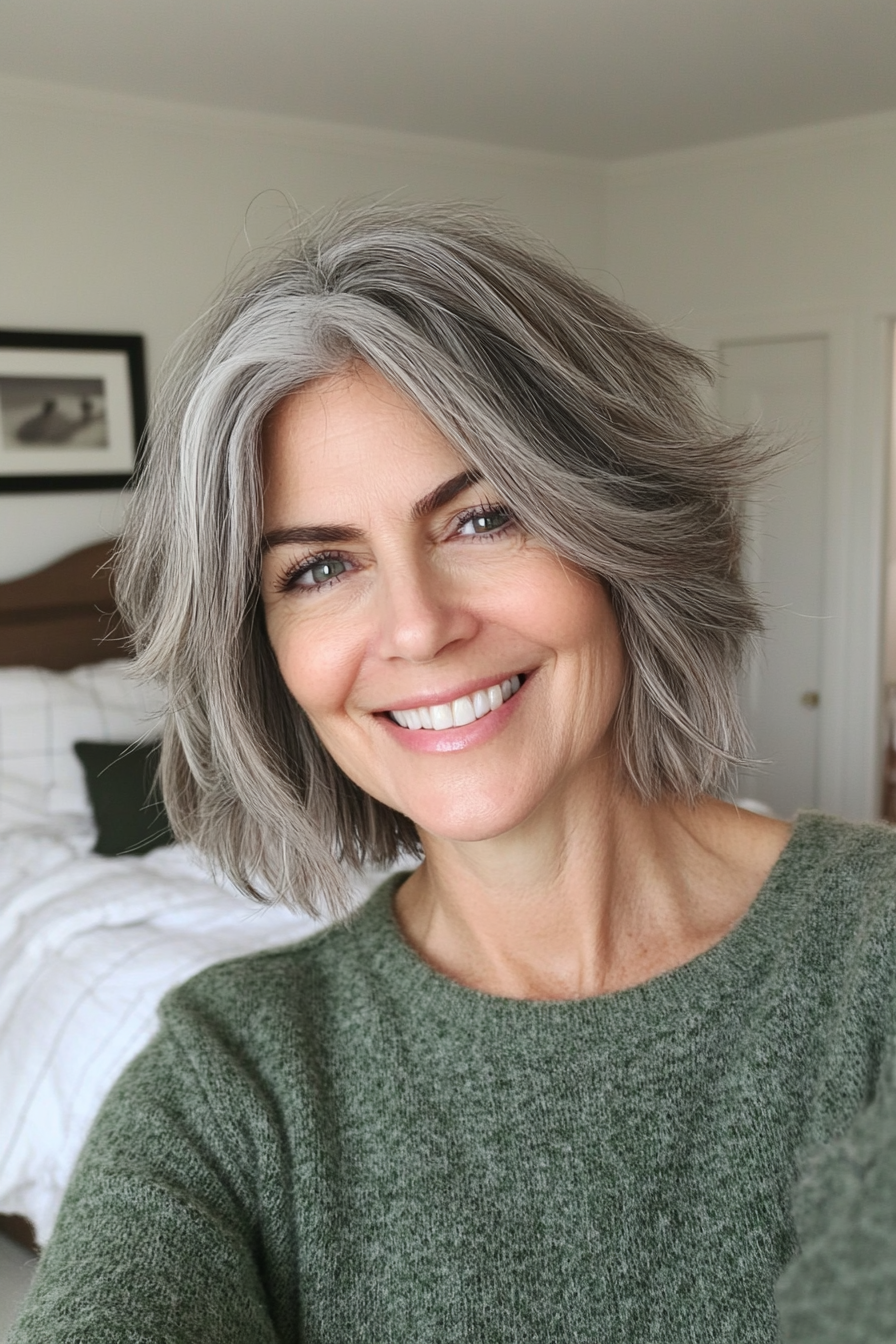 20. Short Layered Cut with Natural Gray (Best Hairstyles For Women Over 50) - Best Hairstyles For Women Over 50