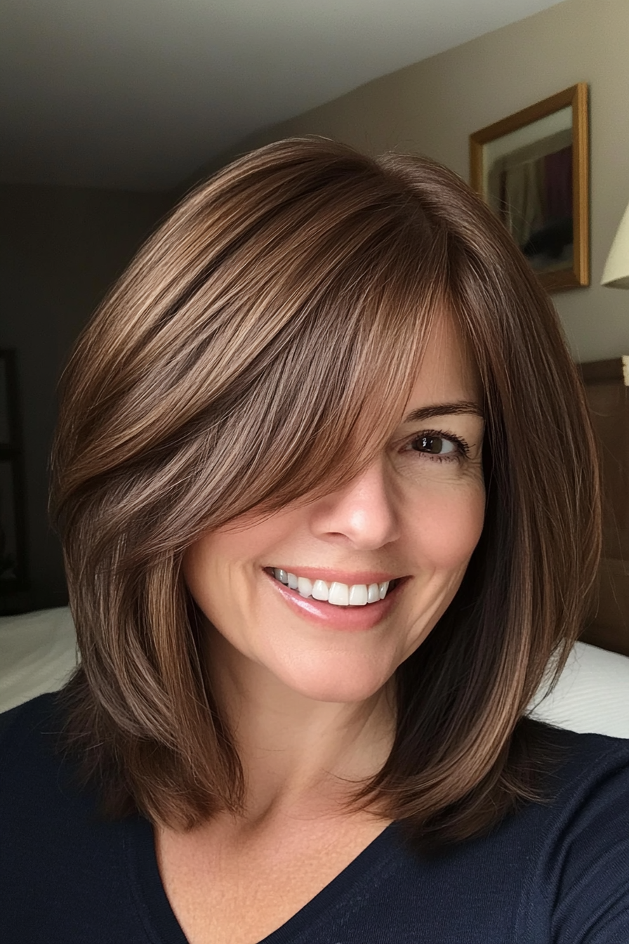 24. Side-Swept Bangs with Honey Brown (Best Hairstyles For Women Over 50) - Best Hairstyles For Women Over 50
