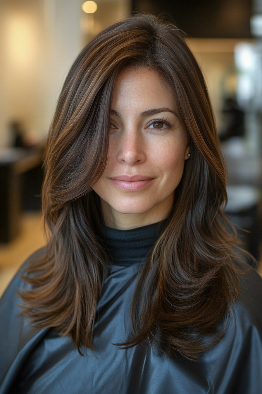 25. Sleek Mid-Length Cut with Chestnut Highlights (Best Hairstyles For Women Over 50) - Best Hairstyles For Women Over 50