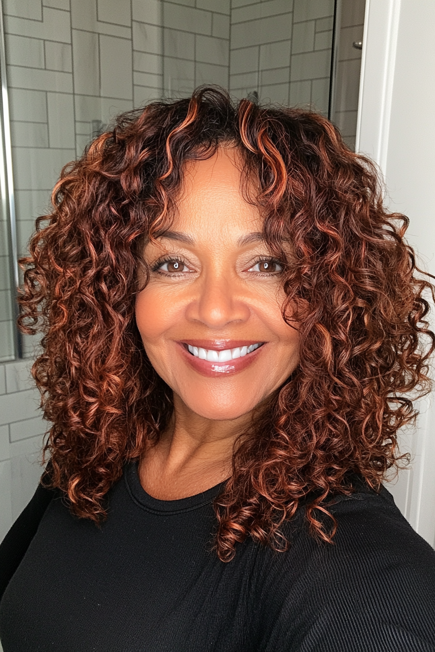 26. Voluminous Curls with Dark Mahogany (Best Hairstyles For Women Over 50) - Best Hairstyles For Women Over 50