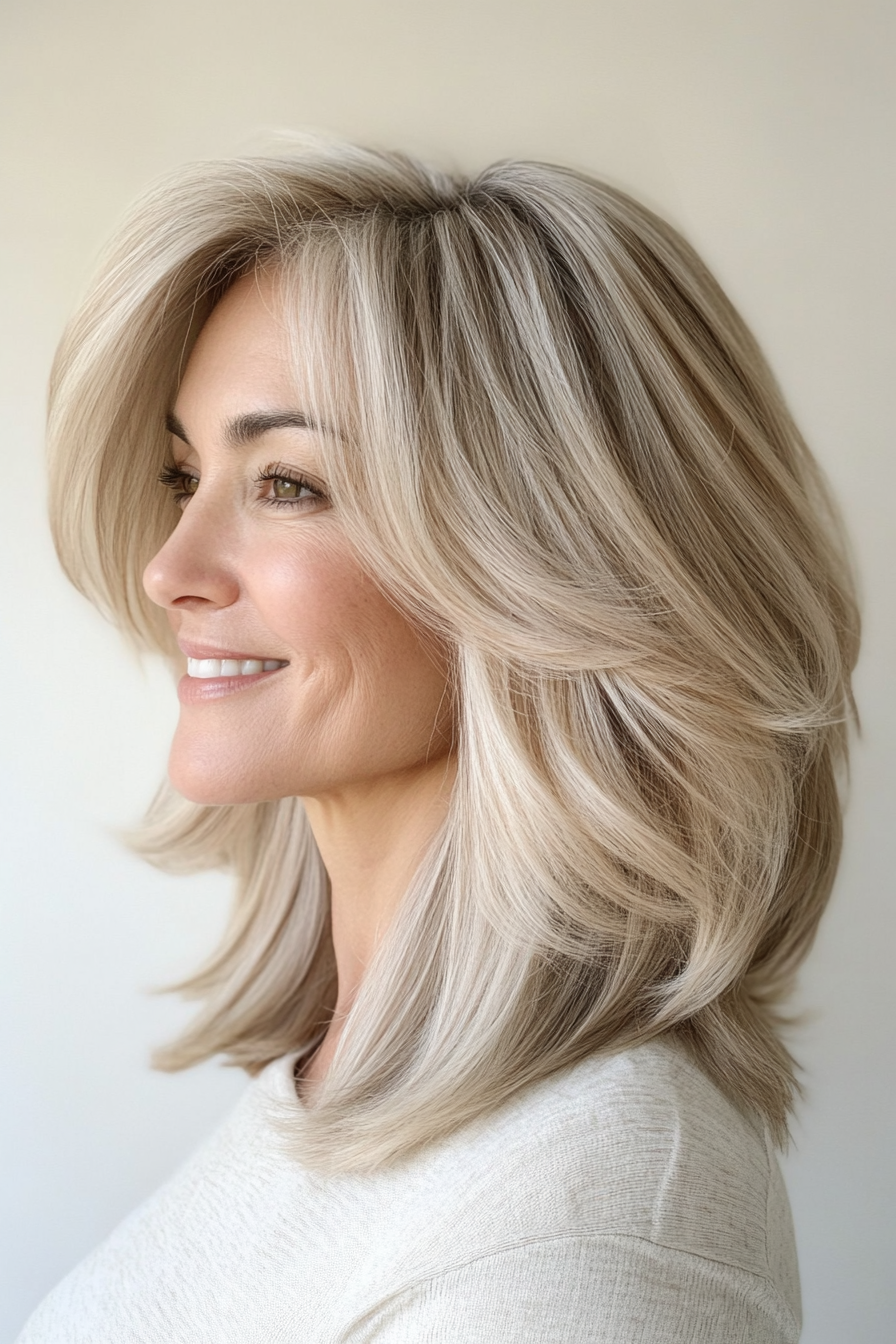 27. Layered Lob with Soft Beige Blonde (Best Hairstyles For Women Over 50) - Best Hairstyles For Women Over 50