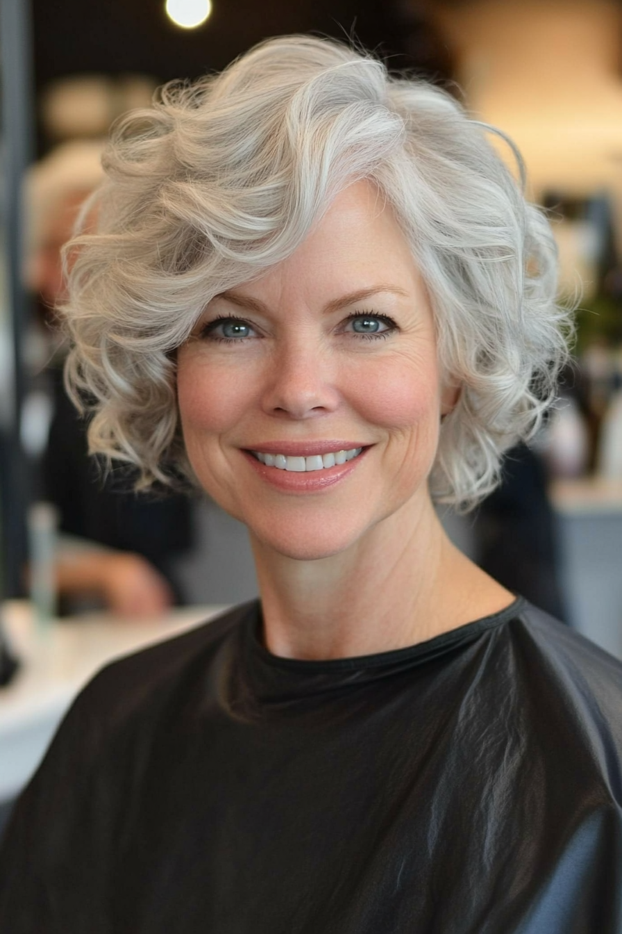 2. Silvery Spiral Bob (Short Curly Hairstyles For Older Women) - Short Curly Hairstyles For Older Women