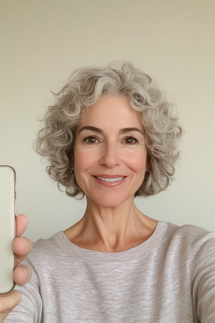 4. Salt-and-Pepper Tousled Taper (Short Curly Hairstyles For Older Women) - Short Curly Hairstyles For Older Women