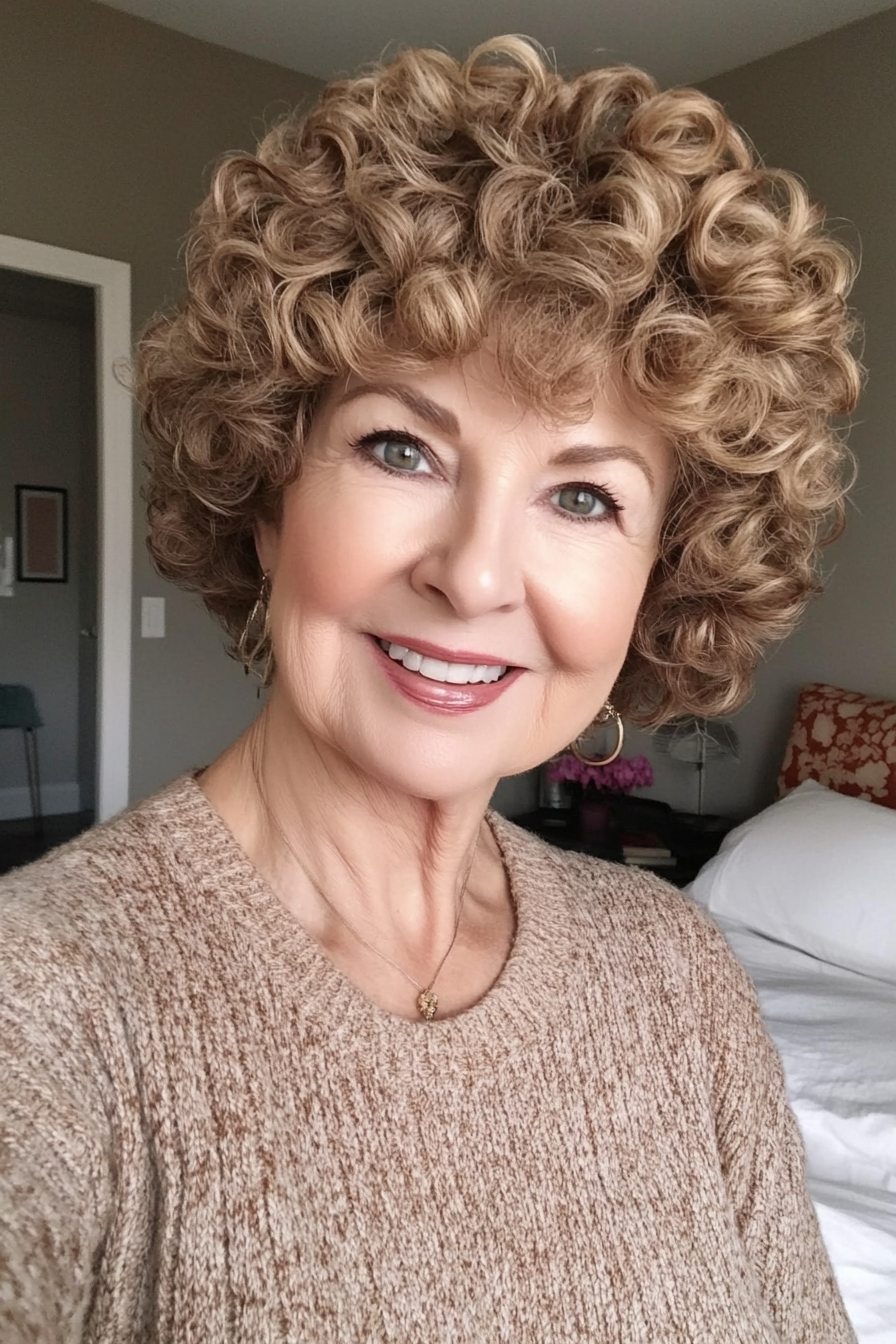 7. Soft Caramel Halo Cut (Short Curly Hairstyles For Older Women) - Short Curly Hairstyles For Older Women
